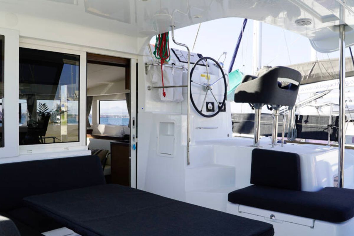 Cockpit of Chios, a Lagoon 40 catamaran at Municipal Unit of Lefkada, Greece