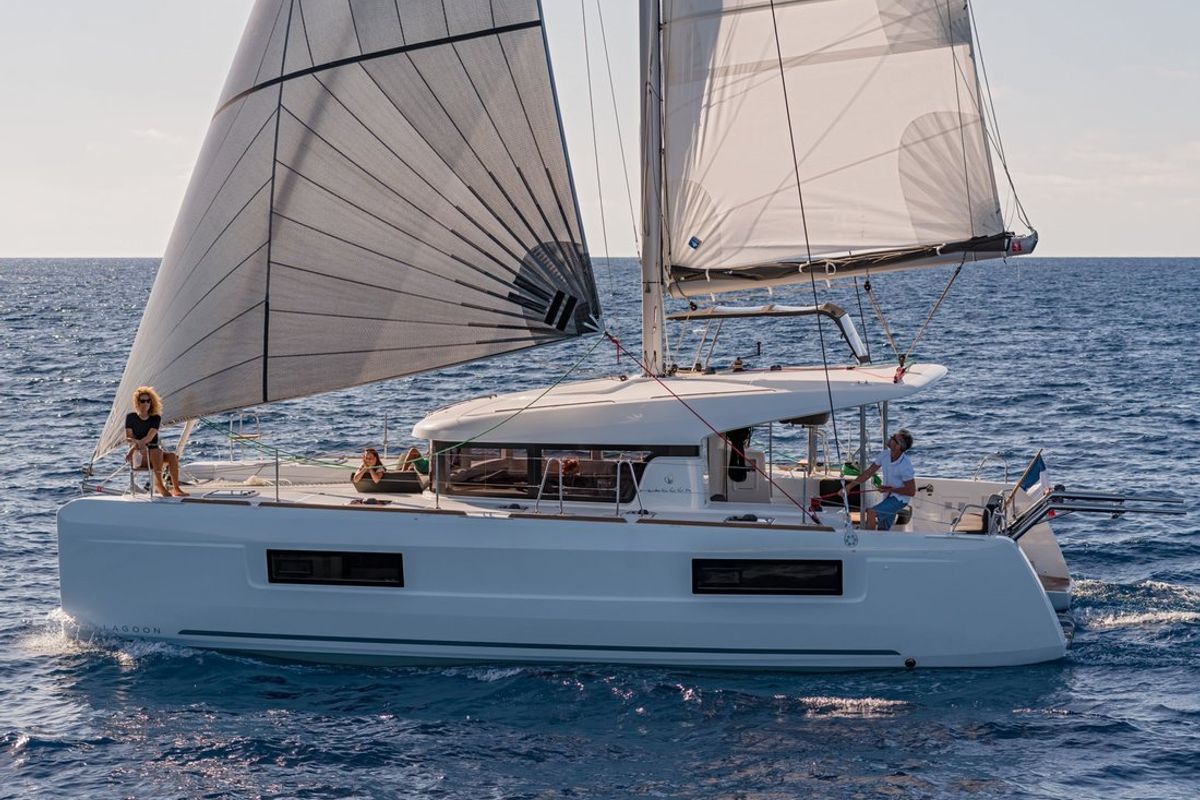 Exterior view of Chios, a Lagoon 40 catamaran at Municipal Unit of Lefkada, Greece