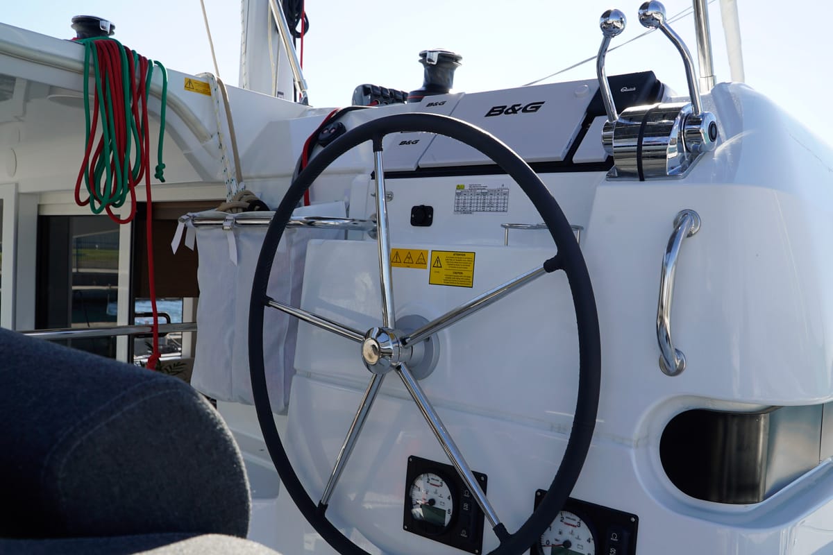 Cockpit of Chios, a Lagoon 40 catamaran at Municipal Unit of Lefkada, Greece