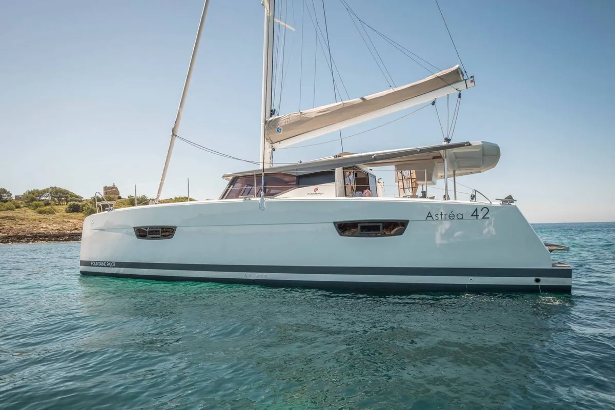 Exterior view of Capella 1, a Fountaine Pajot Astrea 42 catamaran at Fethiye, Turkey