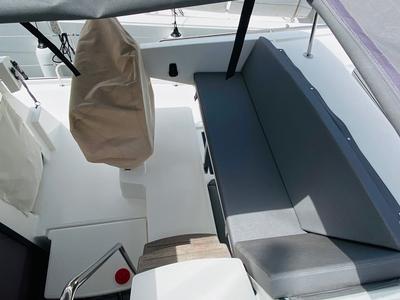 Cockpit of Capella 1, a Fountaine Pajot Astrea 42 catamaran at Fethiye, Turkey