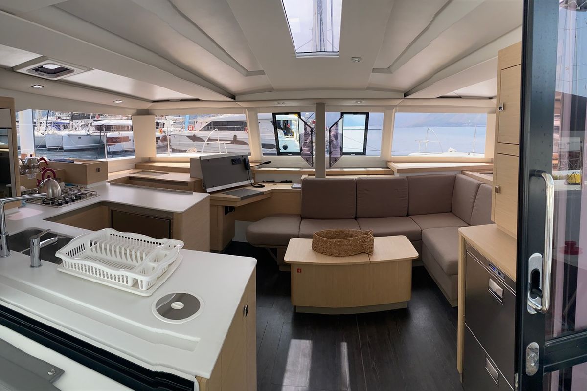 Salon of Capella 1, a Fountaine Pajot Astrea 42 catamaran at Fethiye, Turkey