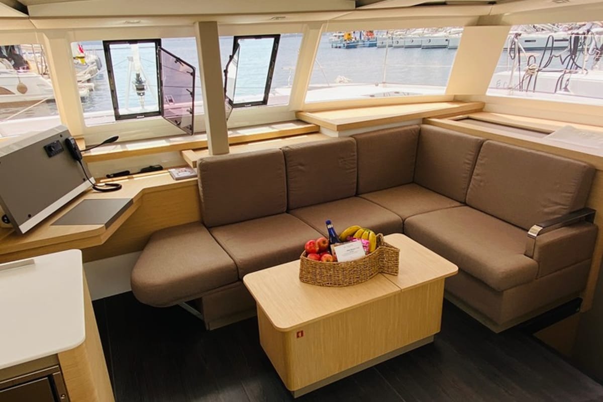 Salon of Capella 1, a Fountaine Pajot Astrea 42 catamaran at Fethiye, Turkey
