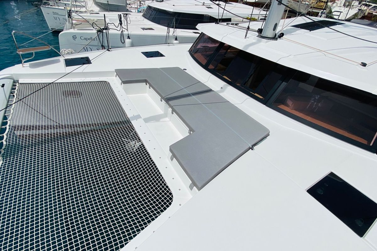 Deck of Capella 1, a Fountaine Pajot Astrea 42 catamaran at Fethiye, Turkey