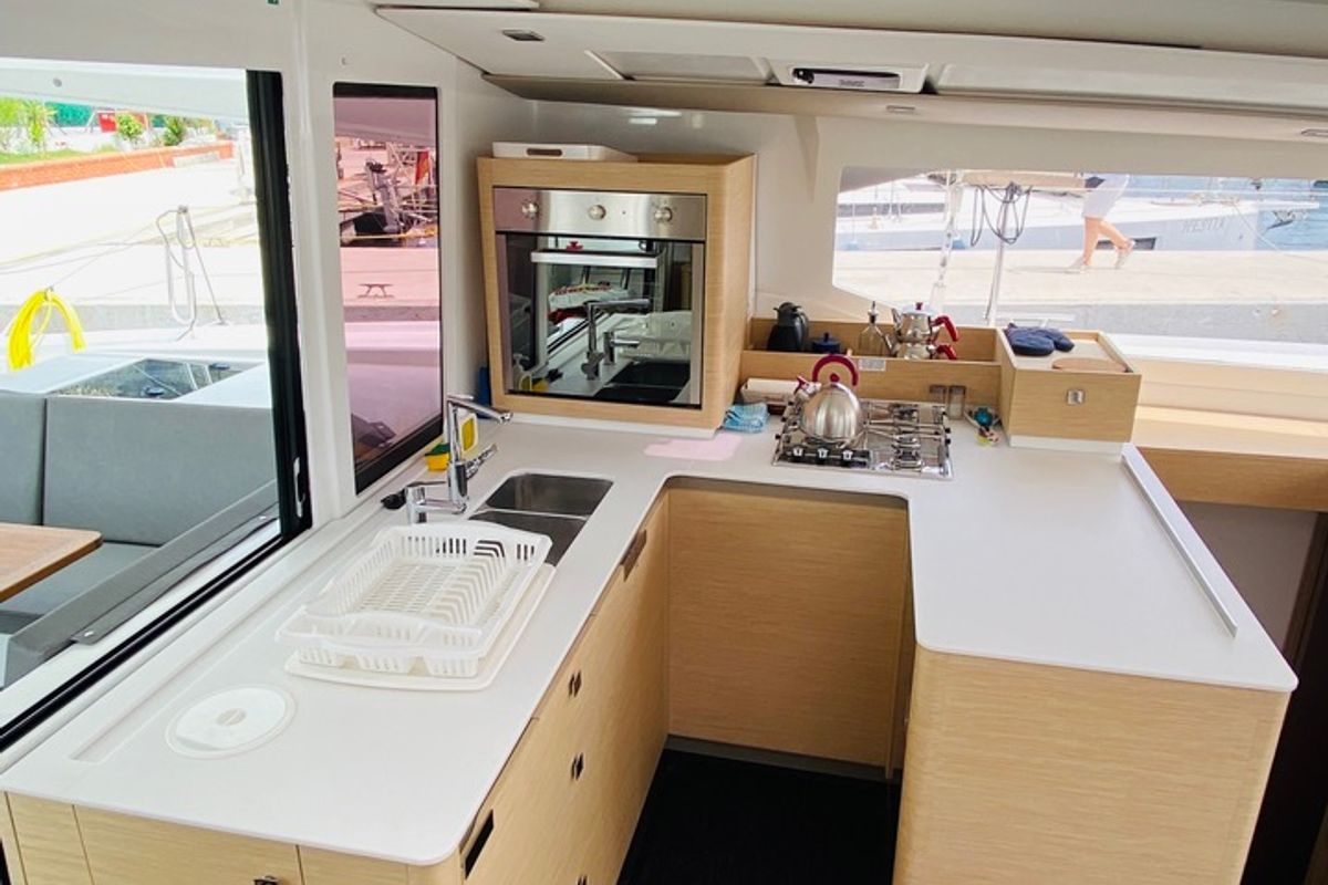 Galley of Capella 1, a Fountaine Pajot Astrea 42 catamaran at Fethiye, Turkey