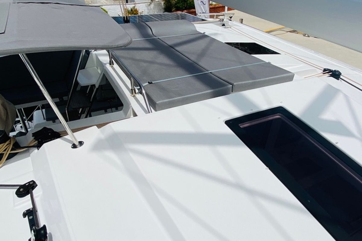 Deck of Capella 1, a Fountaine Pajot Astrea 42 catamaran at Fethiye, Turkey