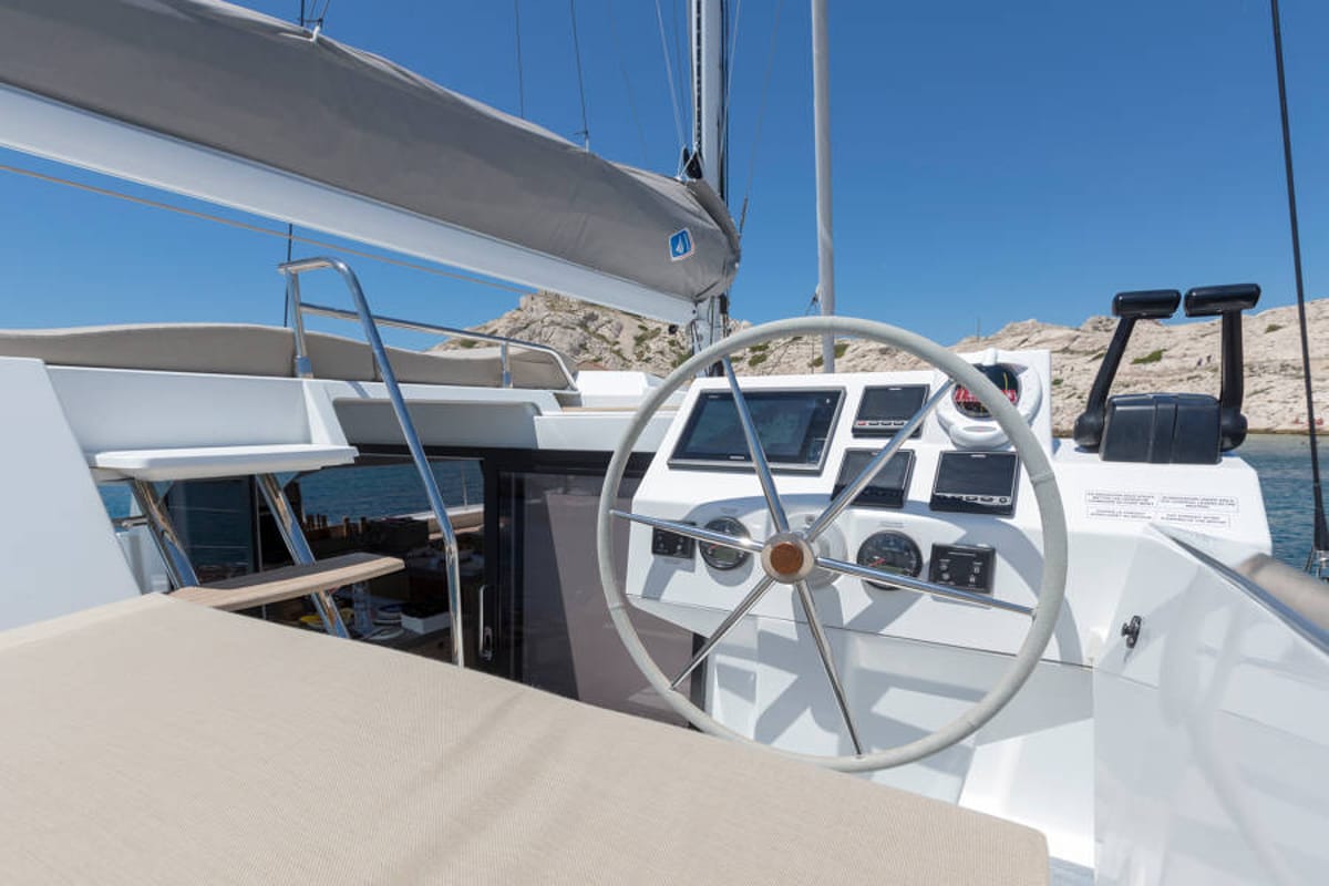 Cockpit of Capella 1, a Fountaine Pajot Astrea 42 catamaran at Fethiye, Turkey