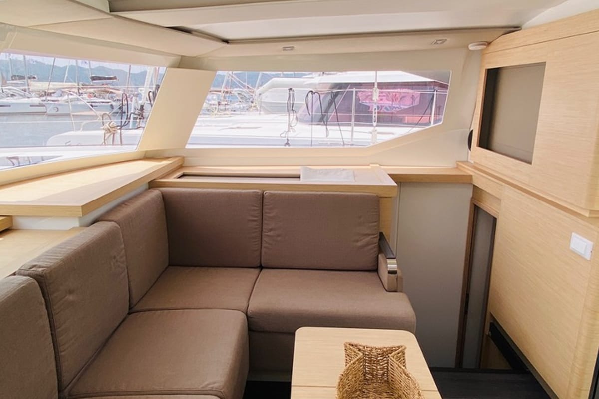 Salon of Capella 1, a Fountaine Pajot Astrea 42 catamaran at Fethiye, Turkey