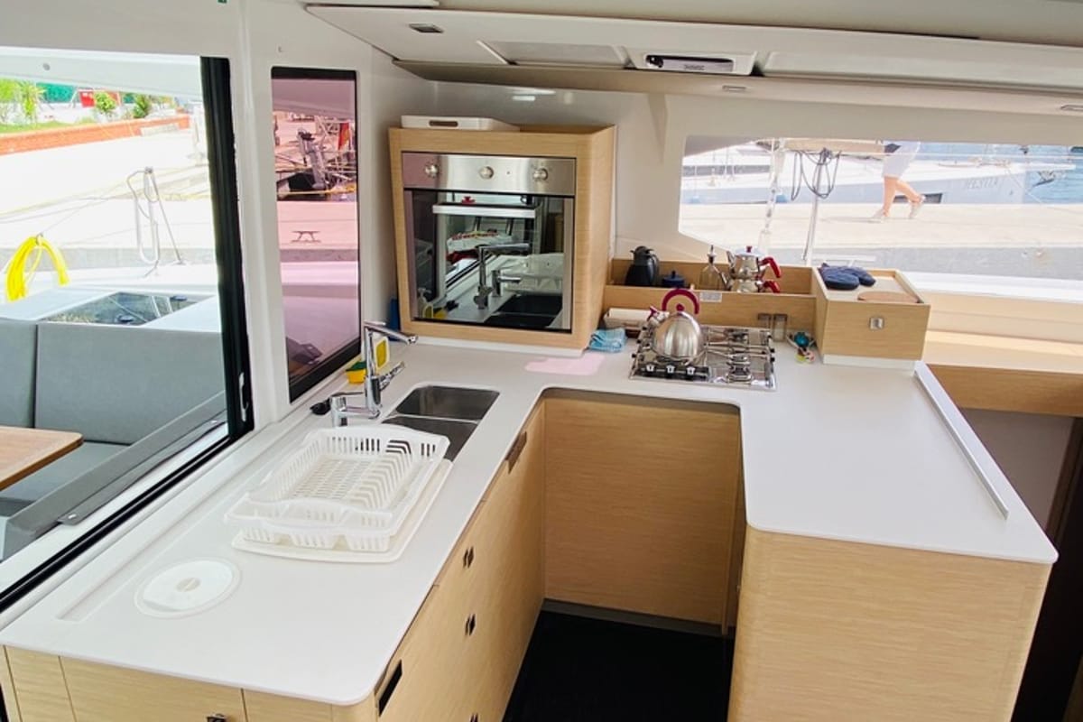 Galley of Capella 1, a Fountaine Pajot Astrea 42 catamaran at Fethiye, Turkey