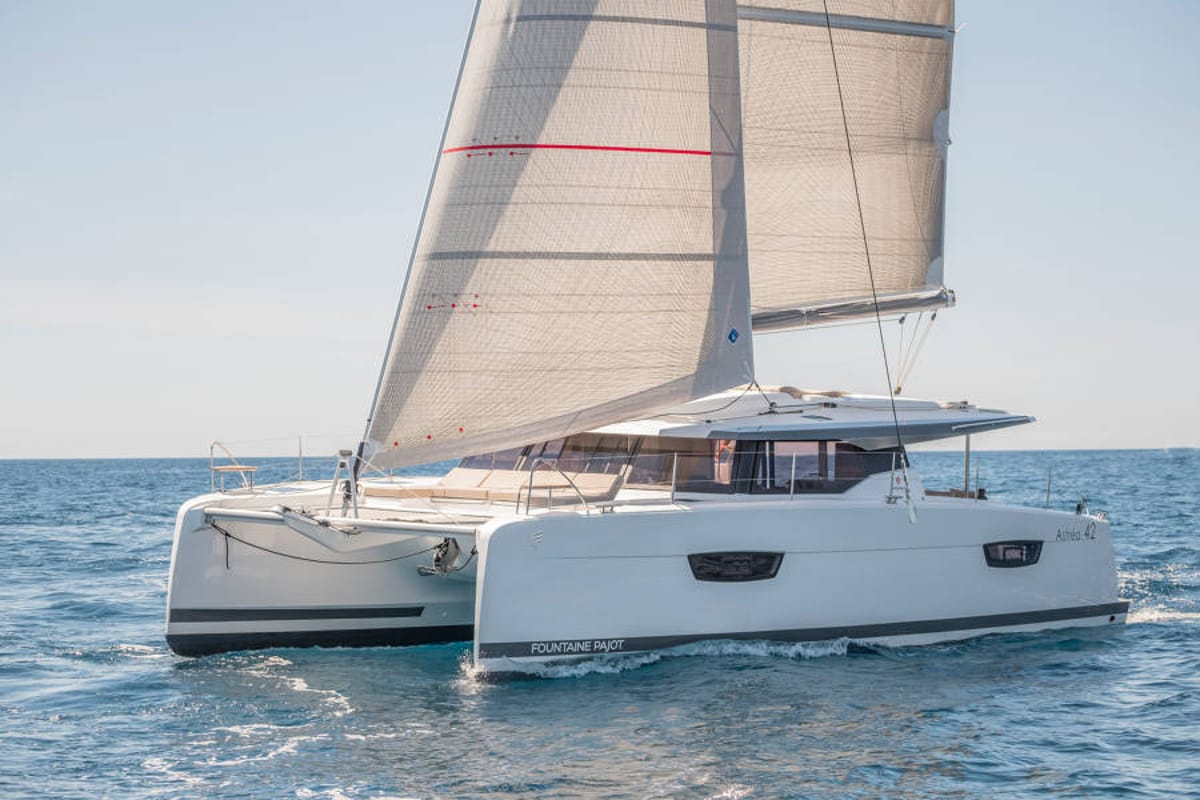 Exterior view of Capella 1, a Fountaine Pajot Astrea 42 catamaran at Fethiye, Turkey