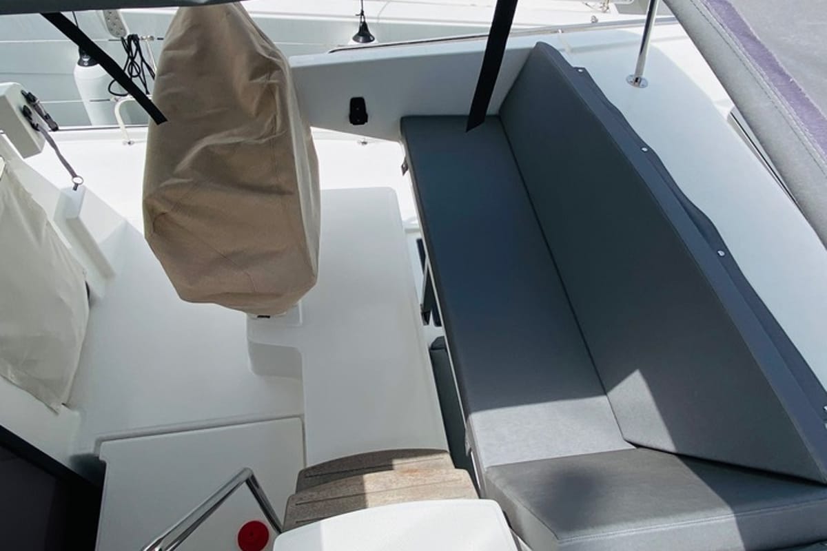 Deck of Capella 1, a Fountaine Pajot Astrea 42 catamaran at Fethiye, Turkey