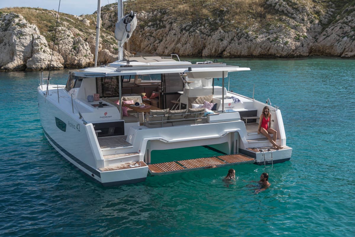 Exterior view of Capella 1, a Fountaine Pajot Astrea 42 catamaran at Fethiye, Turkey