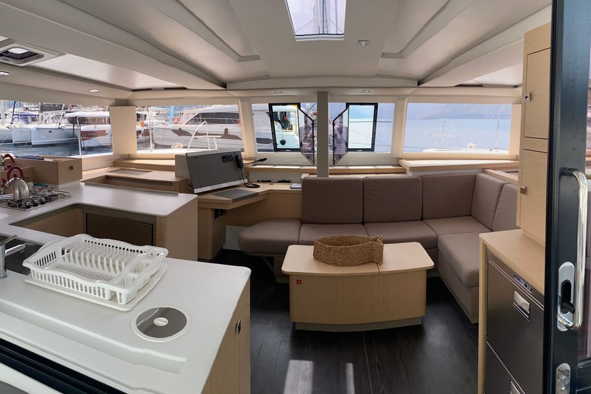 Salon of Capella 1, a Fountaine Pajot Astrea 42 catamaran at Fethiye, Turkey