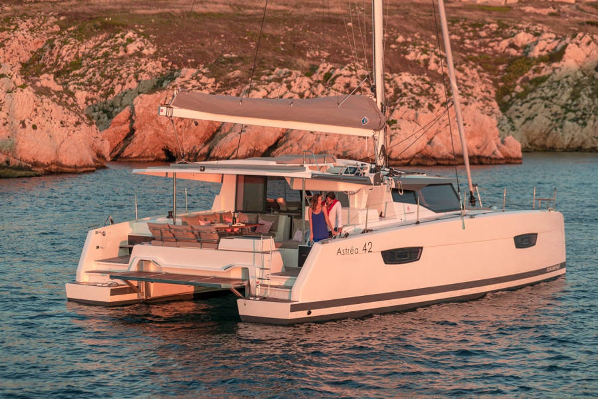 Exterior view of Capella 1, a Fountaine Pajot Astrea 42 catamaran at Fethiye, Turkey
