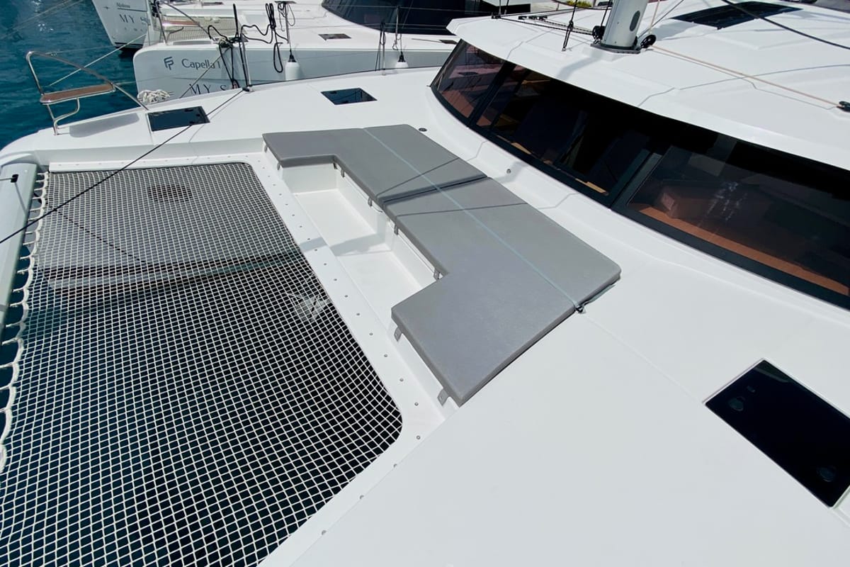 Deck of Capella 1, a Fountaine Pajot Astrea 42 catamaran at Fethiye, Turkey