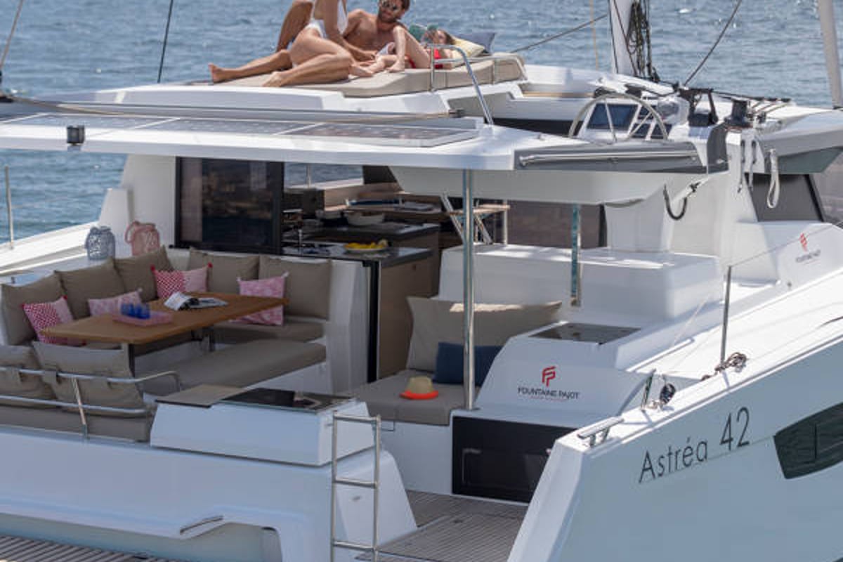 Exterior view of Capella 1, a Fountaine Pajot Astrea 42 catamaran at Fethiye, Turkey