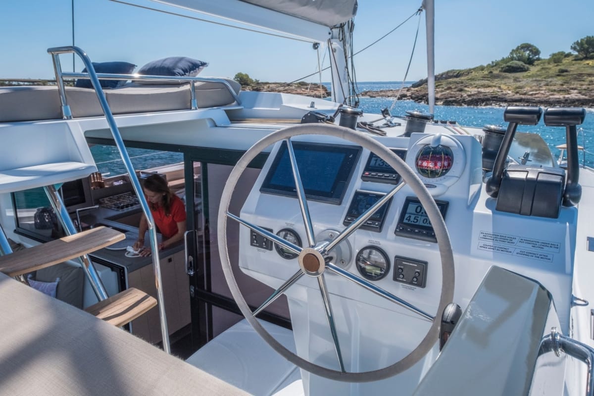 Cockpit of Capella 1, a Fountaine Pajot Astrea 42 catamaran at Fethiye, Turkey