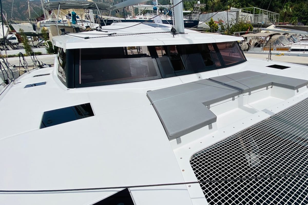Deck of Capella 1, a Fountaine Pajot Astrea 42 catamaran at Fethiye, Turkey