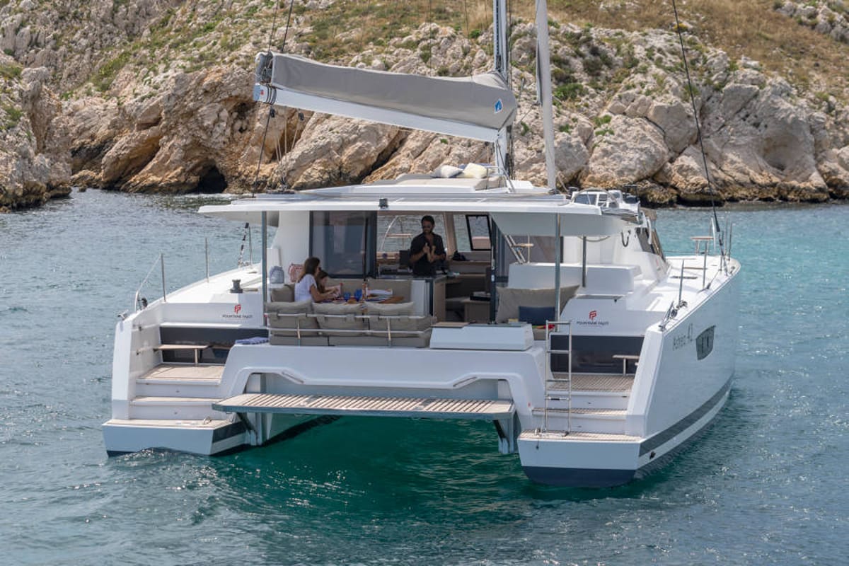 Exterior view of Capella 1, a Fountaine Pajot Astrea 42 catamaran at Fethiye, Turkey