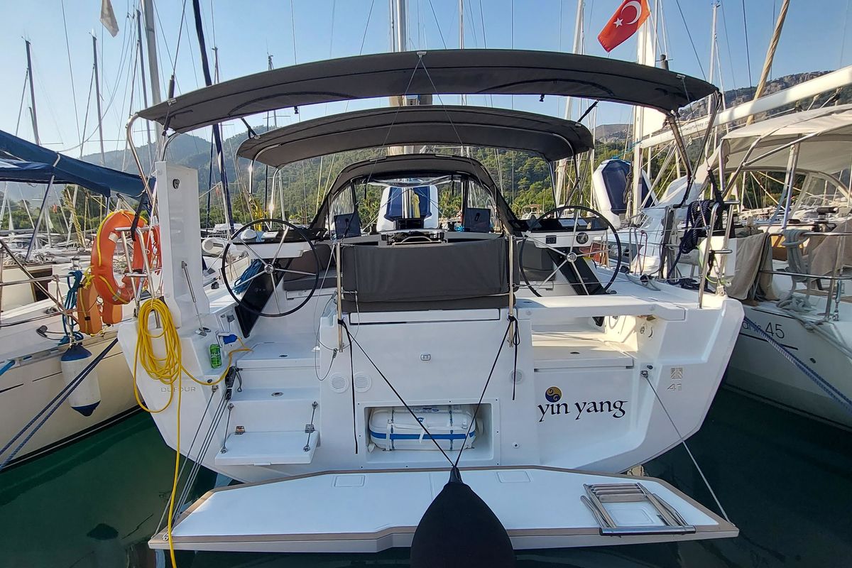 Exterior view of Yin Yang, a Dufour 41 sailboat at Fethiye, Turkey