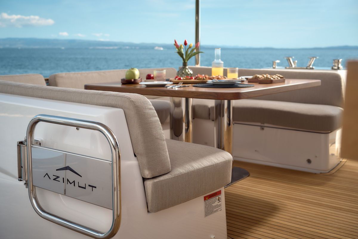 Deck of Ava II, a Azimut Magellano 66 yacht at Lavreotiki Municipal Unit, Greece