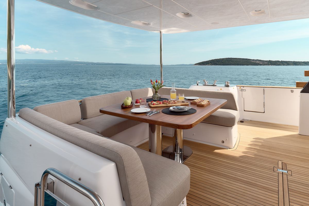 Deck of Ava II, a Azimut Magellano 66 yacht at Lavreotiki Municipal Unit, Greece