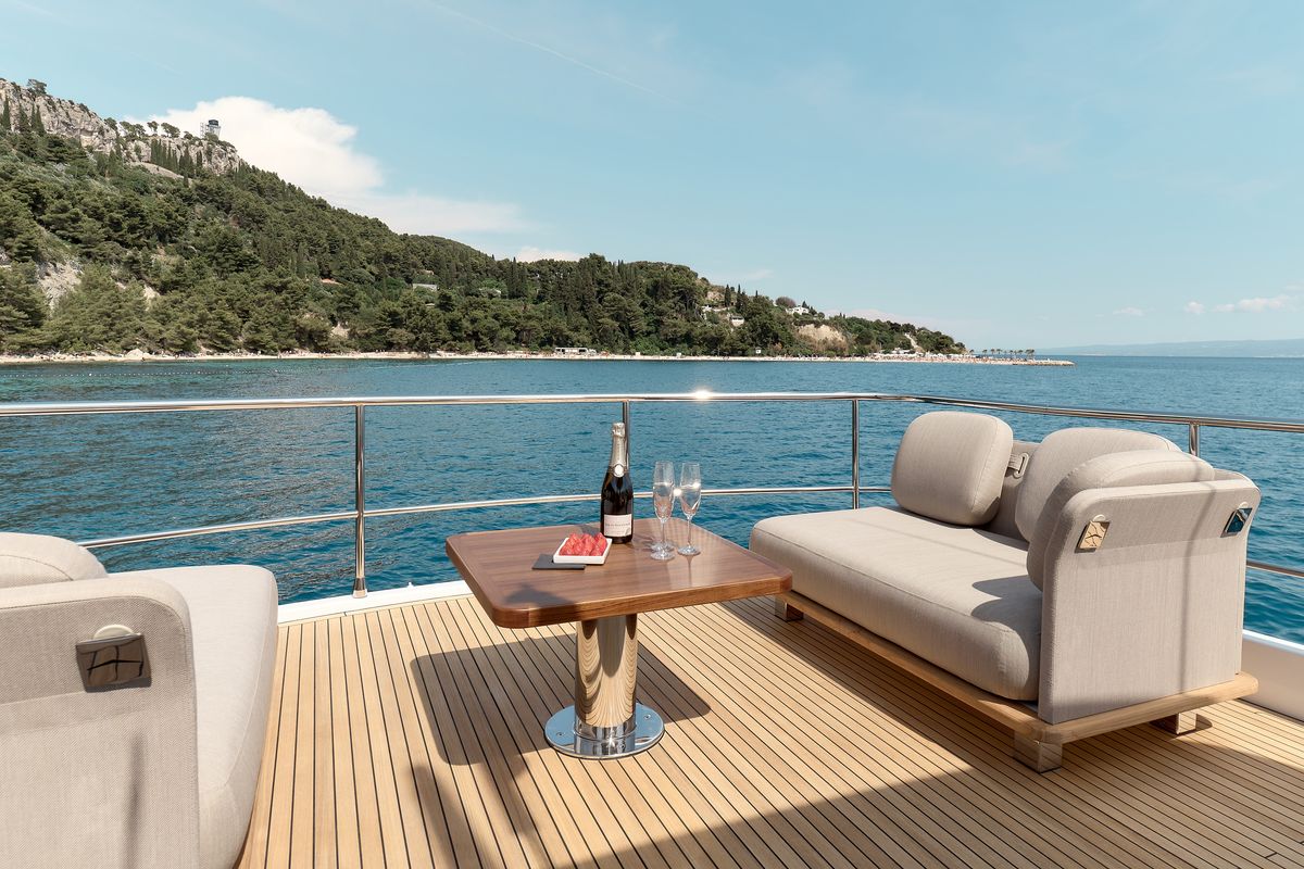 Deck of Ava II, a Azimut Magellano 66 yacht at Lavreotiki Municipal Unit, Greece