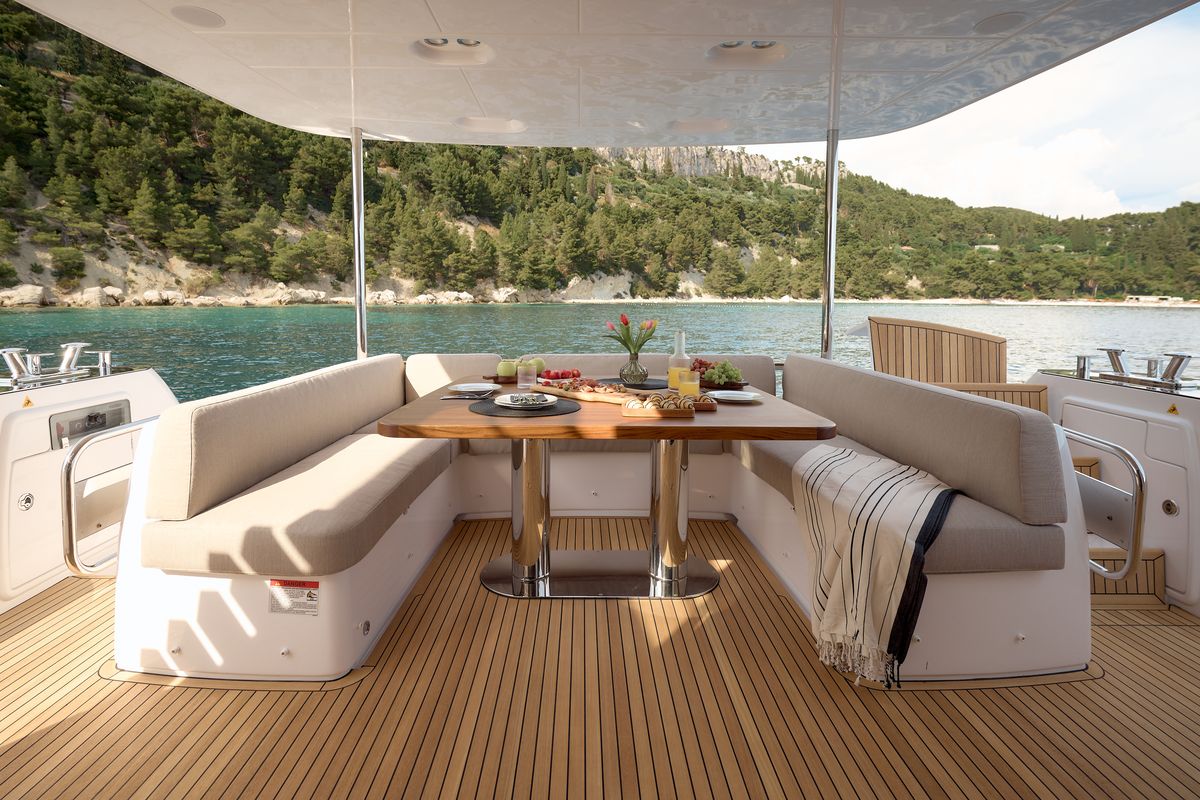 Deck of Ava II, a Azimut Magellano 66 yacht at Lavreotiki Municipal Unit, Greece
