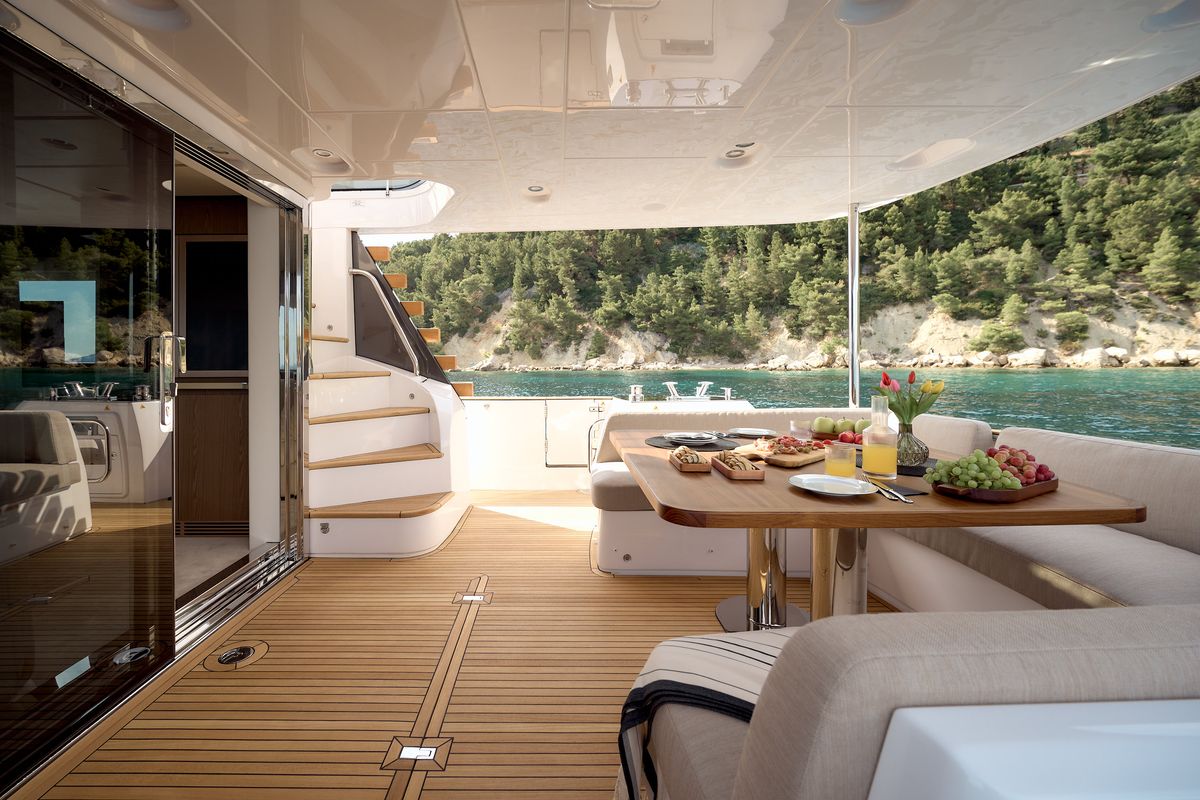 Deck of Ava II, a Azimut Magellano 66 yacht at Lavreotiki Municipal Unit, Greece