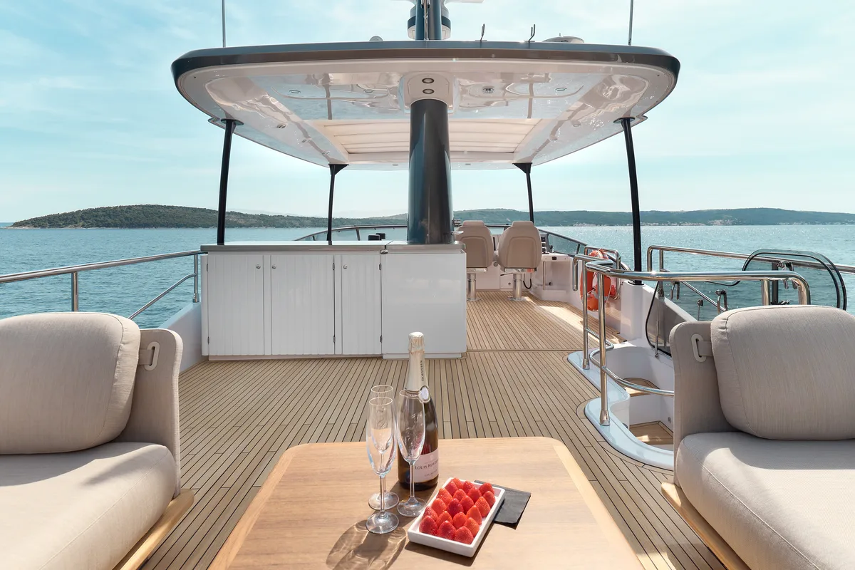 Deck of Ava II, a Azimut Magellano 66 yacht at Lavreotiki Municipal Unit, Greece