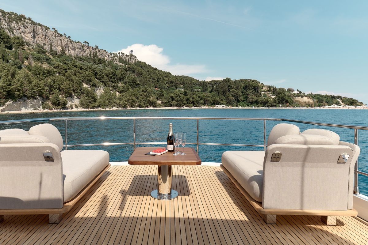 Deck of Ava II, a Azimut Magellano 66 yacht at Lavreotiki Municipal Unit, Greece
