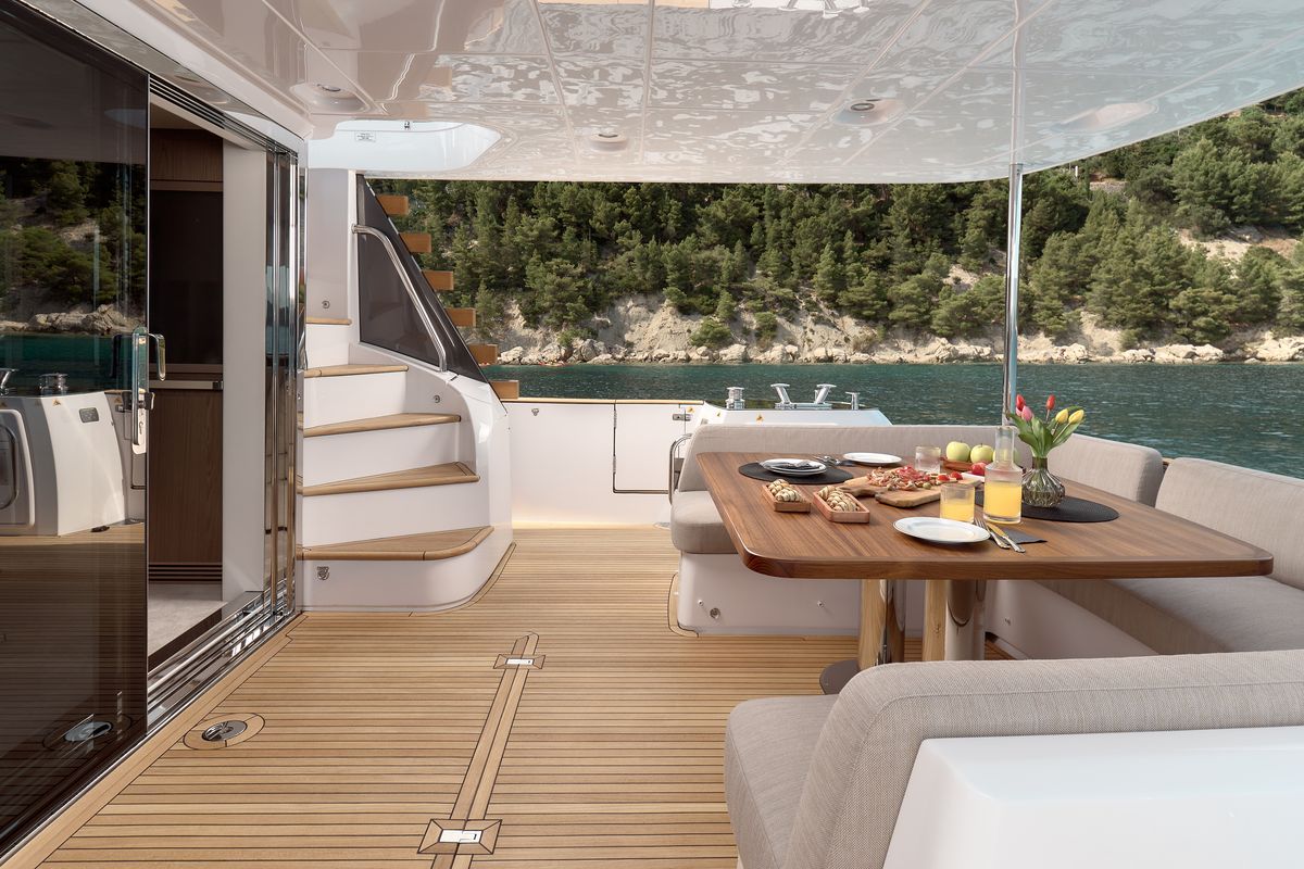 Deck of Ava II, a Azimut Magellano 66 yacht at Lavreotiki Municipal Unit, Greece