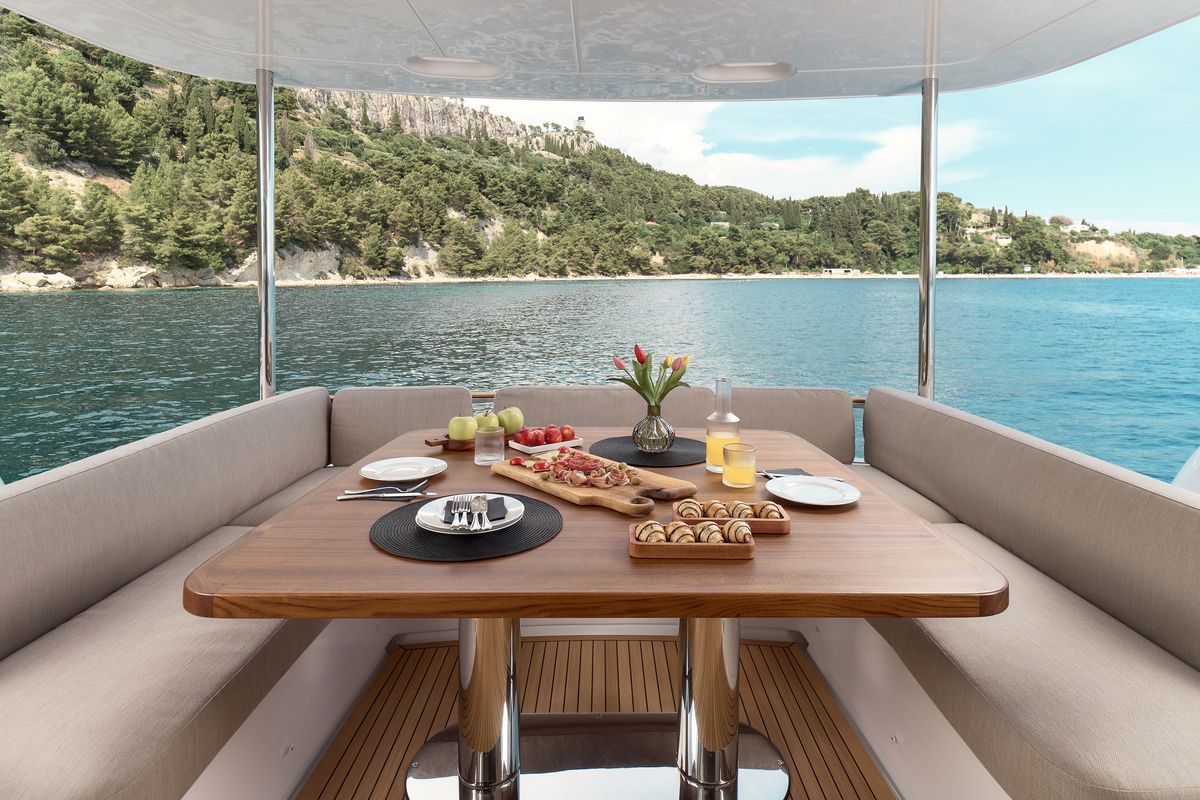 Deck of Ava II, a Azimut Magellano 66 yacht at Lavreotiki Municipal Unit, Greece