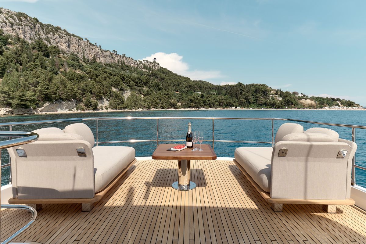 Deck of Ava II, a Azimut Magellano 66 yacht at Lavreotiki Municipal Unit, Greece