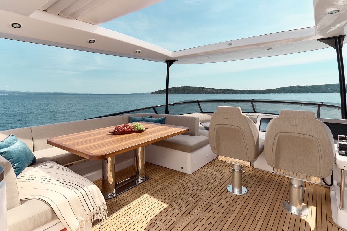 Deck of Ava II, a Azimut Magellano 66 yacht at Lavreotiki Municipal Unit, Greece