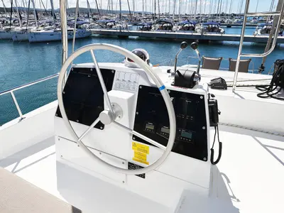 Cockpit of Hermine, a Bali 4.6 catamaran at Općina Sukošan, Croatia