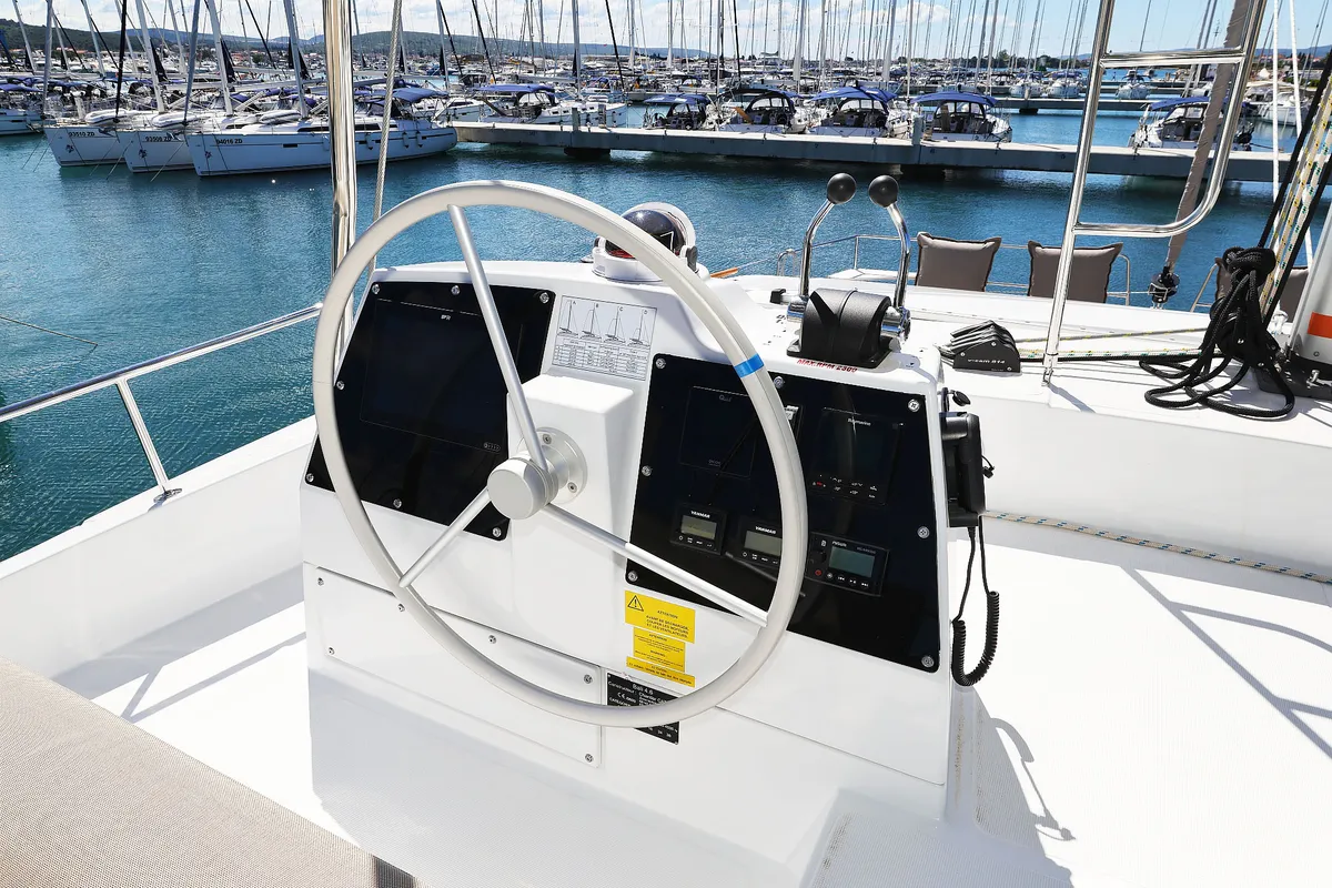 Cockpit of Hermine, a Bali 4.6 catamaran at Općina Sukošan, Croatia