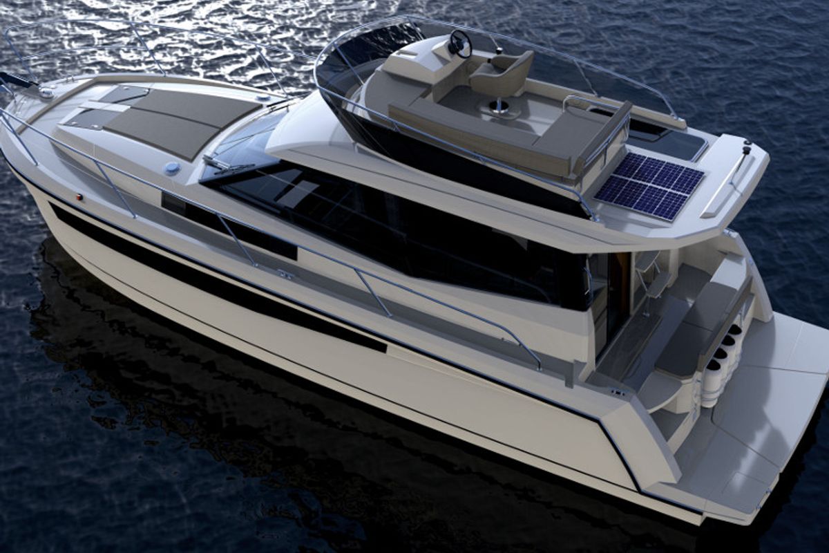 Exterior view of Platinum 989 Flybridge, a Delphia Yachts Platinum 989 motorboat at Wilkasy, Poland