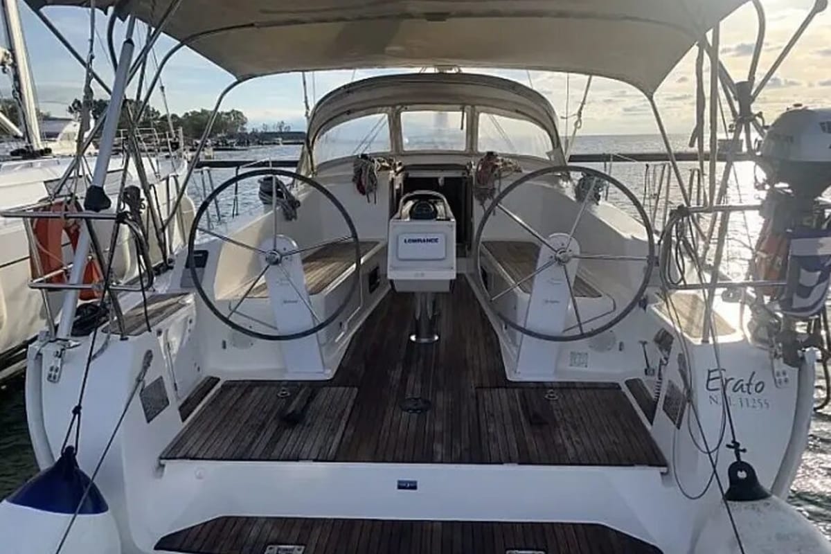 Cockpit of Erato, a Bavaria 41 Cruiser sailboat at Municipal Unit of Lefkada, Greece