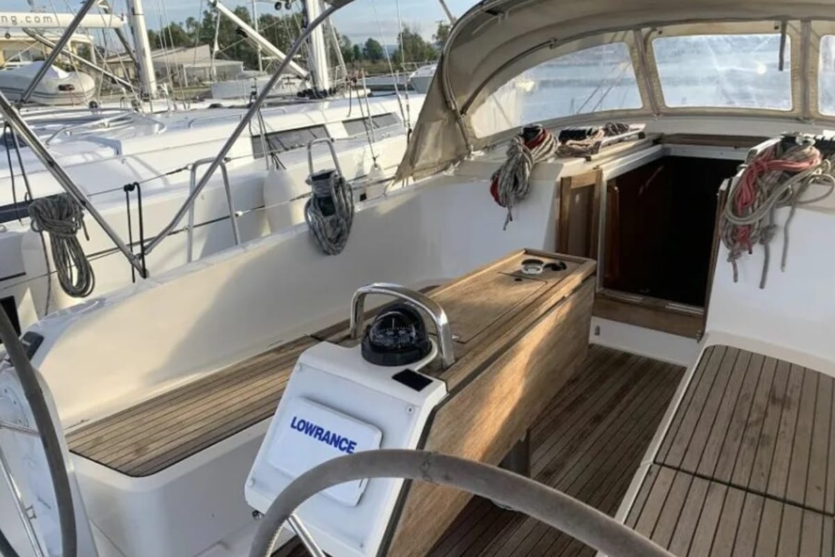 Deck of Erato, a Bavaria 41 Cruiser sailboat at Municipal Unit of Lefkada, Greece