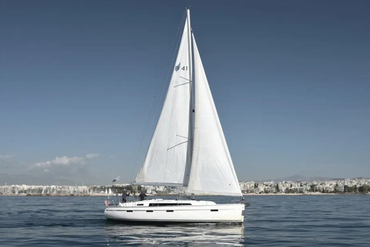Exterior view of Erato, a Bavaria 41 Cruiser sailboat at Municipal Unit of Lefkada, Greece