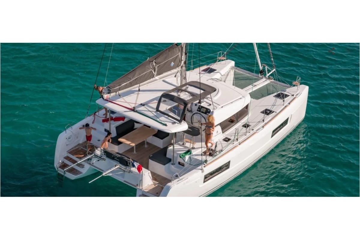 Exterior view of Sail Agena, a Lagoon 40 catamaran at Marmaris, Turkey