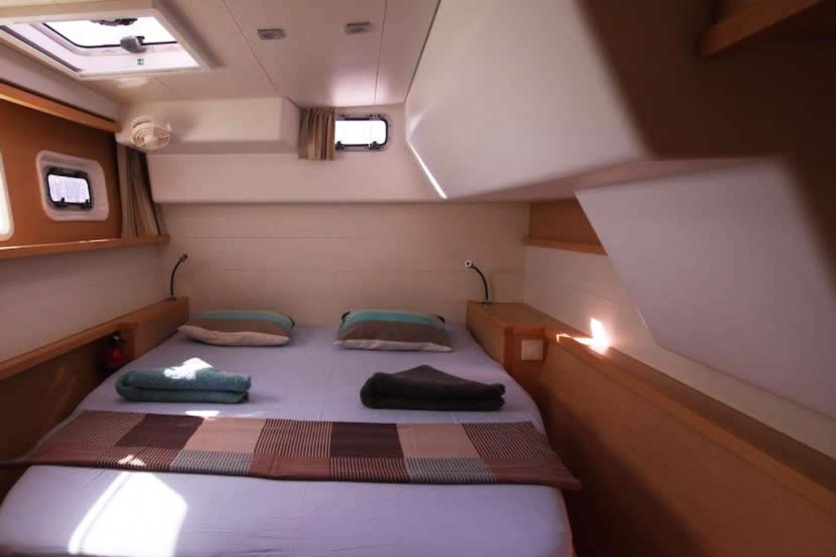 Cabin on Amelia, a Lagoon 450 Fly catamaran at Athens, Greece