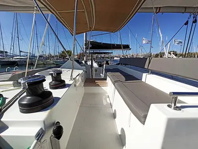 Deck of Amelia, a Lagoon 450 Fly catamaran at Athens, Greece