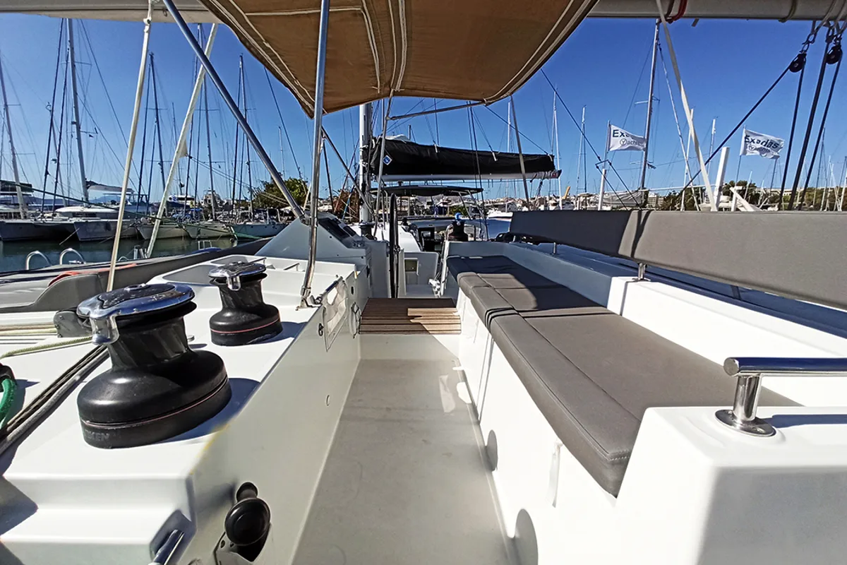 Deck of Amelia, a Lagoon 450 Fly catamaran at Athens, Greece