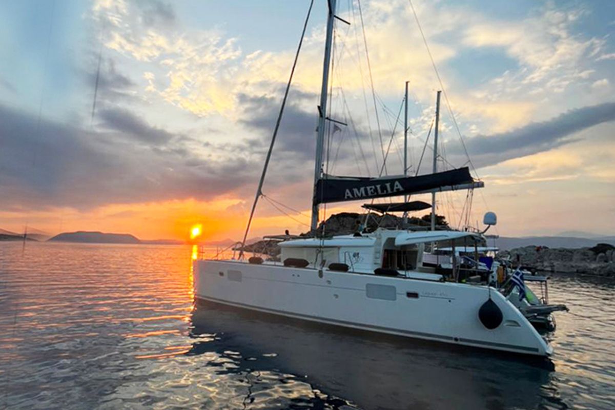 Exterior view of Amelia, a Lagoon 450 Fly catamaran at Athens, Greece