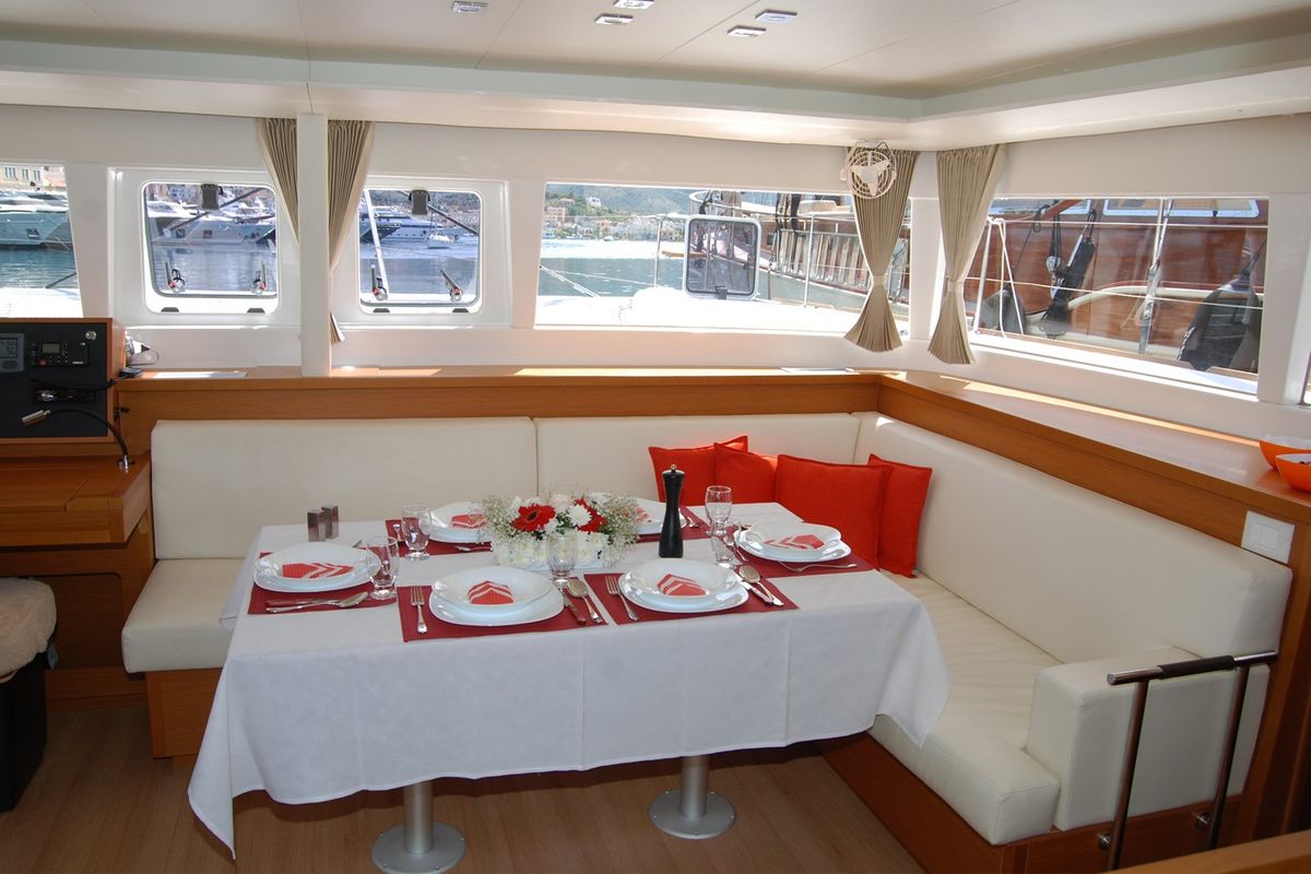 Salon of Amelia, a Lagoon 450 Fly catamaran at Athens, Greece