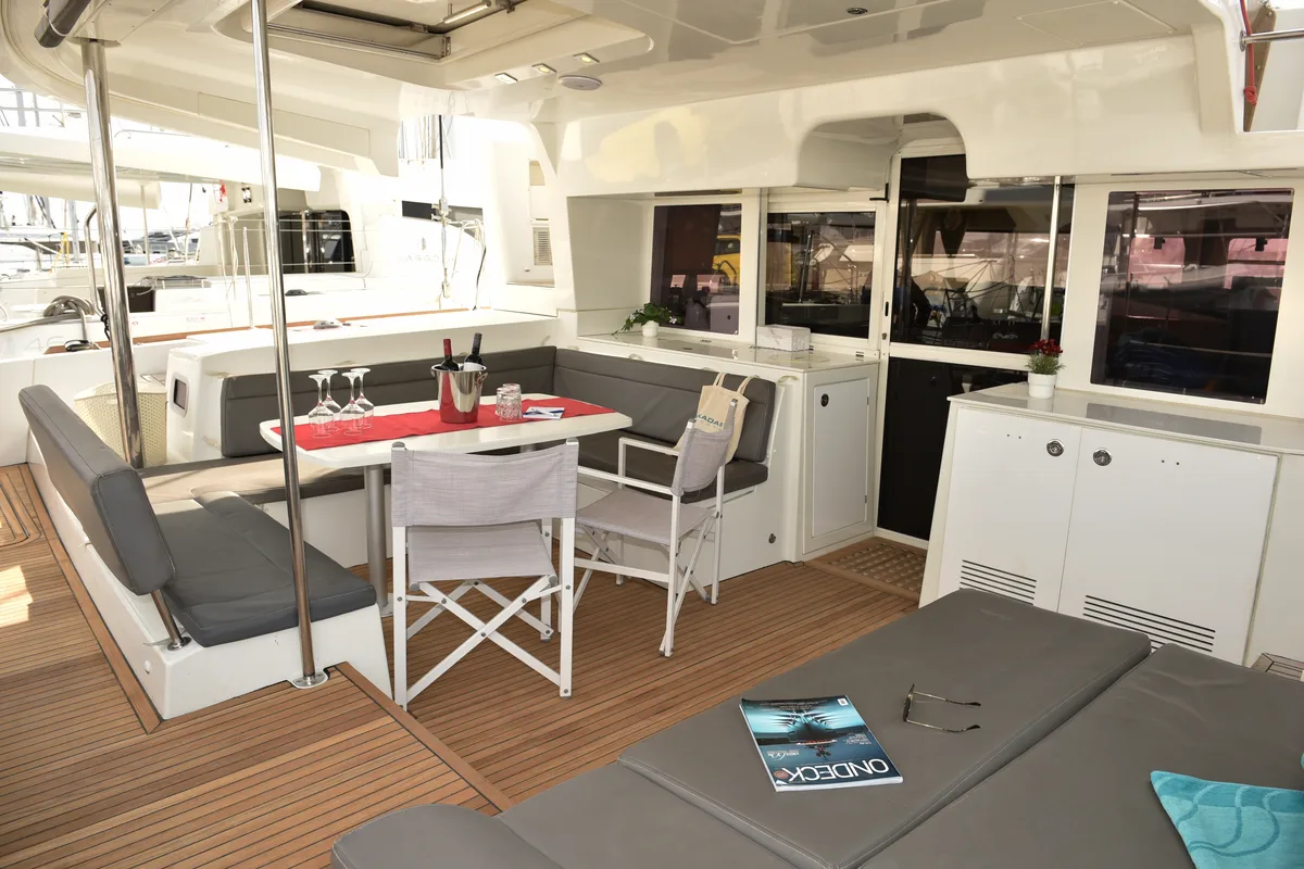 Deck of Amelia, a Lagoon 450 Fly catamaran at Athens, Greece