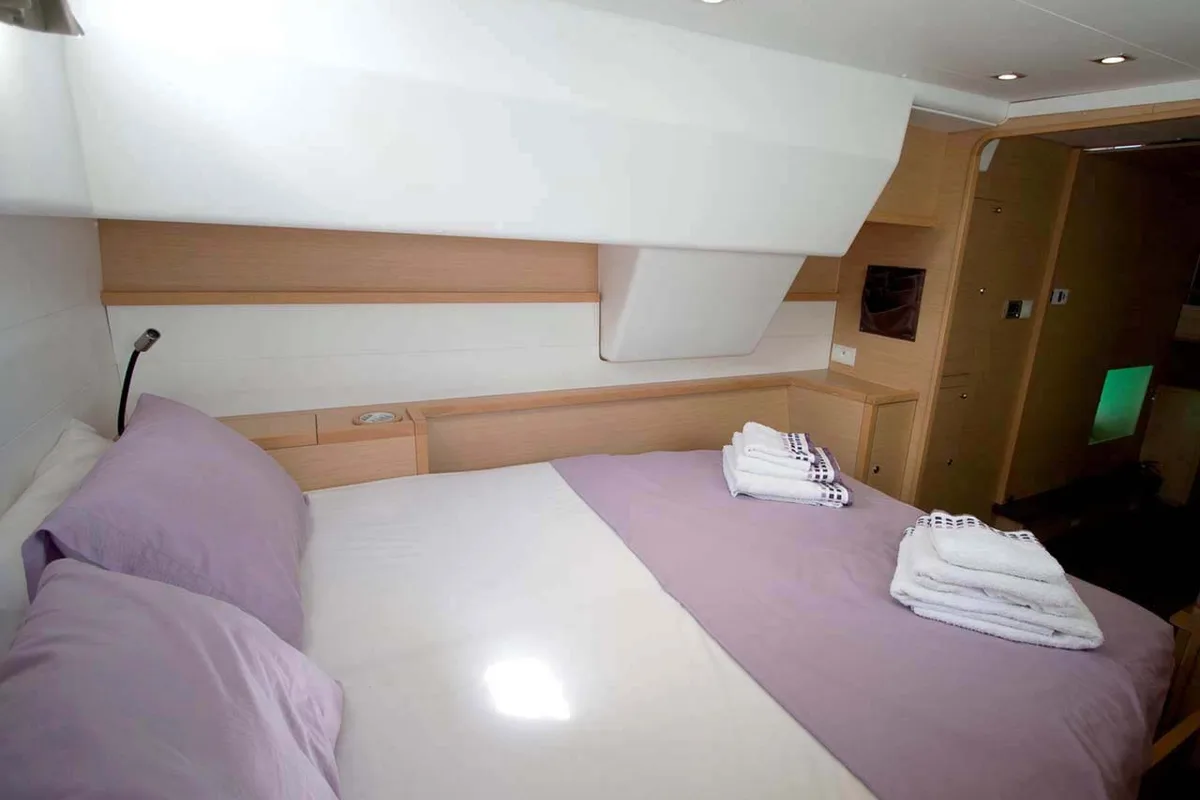 Cabin on Amelia, a Lagoon 450 Fly catamaran at Athens, Greece