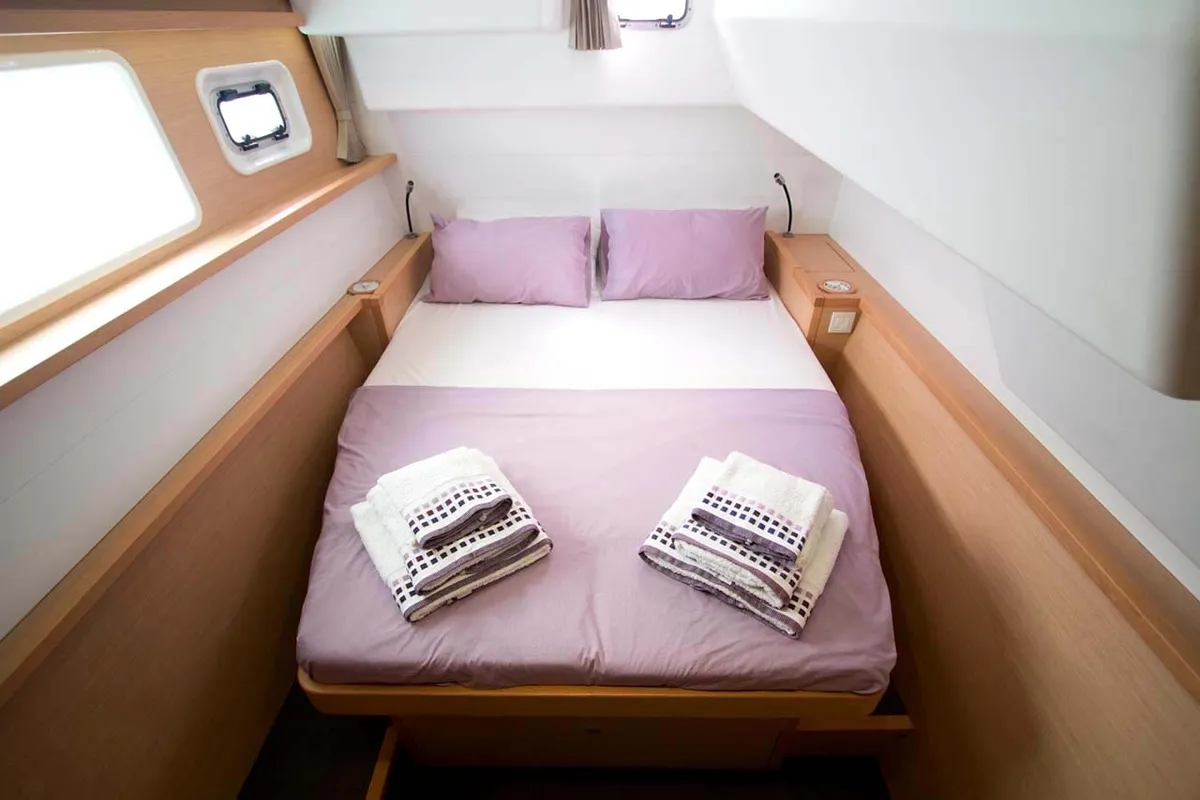 Cabin on Amelia, a Lagoon 450 Fly catamaran at Athens, Greece